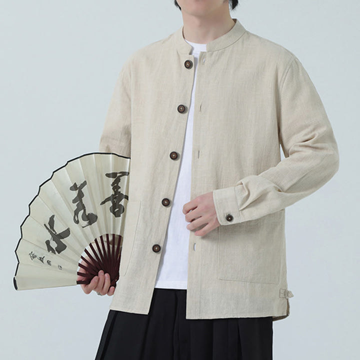 Buddha Stonesメンズ ボタン付きラミーリネンコットンフリース裏地ジャケットシャツ ポケット付き - リネン - US/UK/AU46、 EU56 (5XL) - image 7
