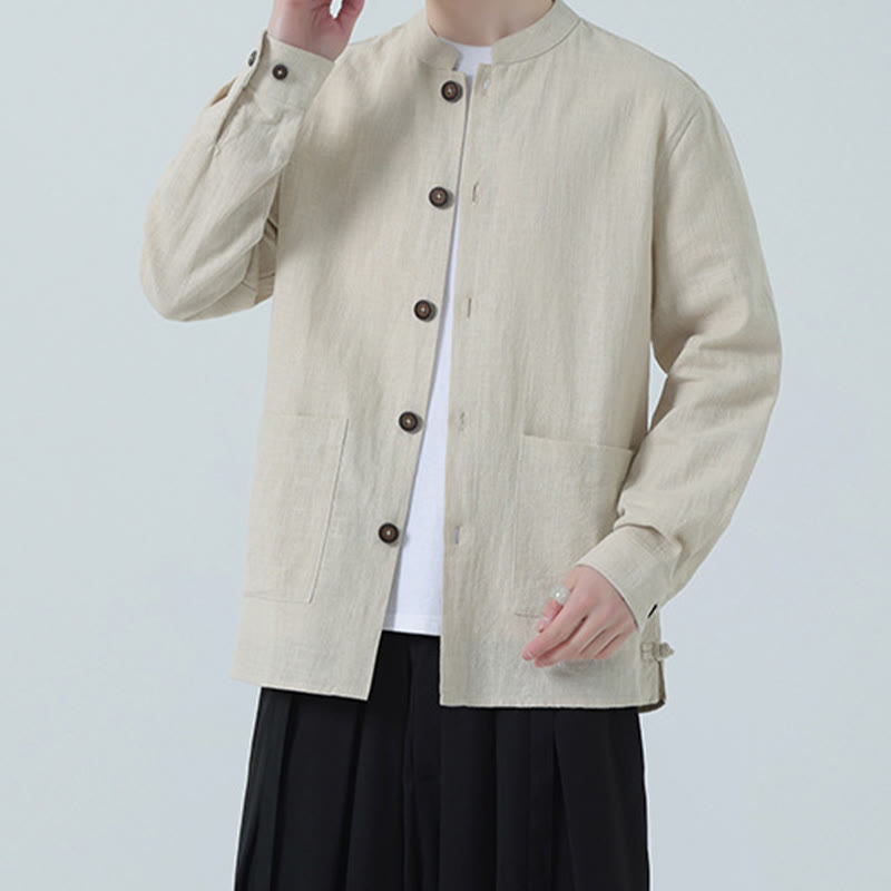 Buddha Stonesメンズ ボタン付きラミーリネンコットンフリース裏地ジャケットシャツ ポケット付き - image 9