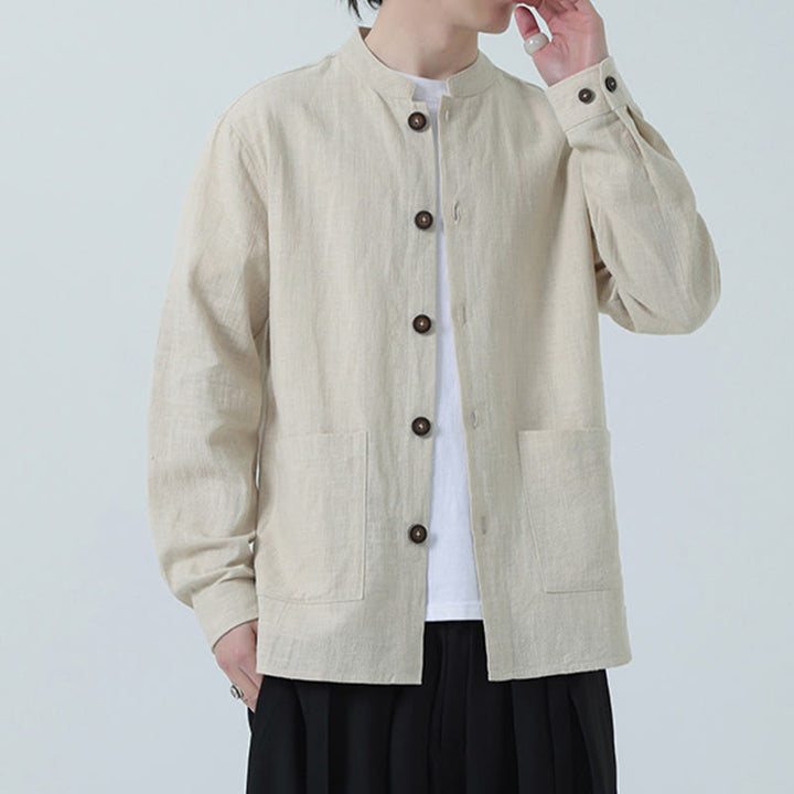 Buddha Stonesメンズ ボタン付きラミーリネンコットンフリース裏地ジャケットシャツ ポケット付き - image 12