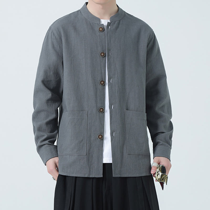 Buddha Stonesメンズ ボタン付きラミーリネンコットンフリース裏地ジャケットシャツ ポケット付き - image 15
