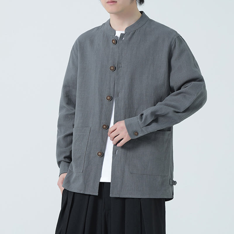 Buddha Stonesメンズ ボタン付きラミーリネンコットンフリース裏地ジャケットシャツ ポケット付き - image 16