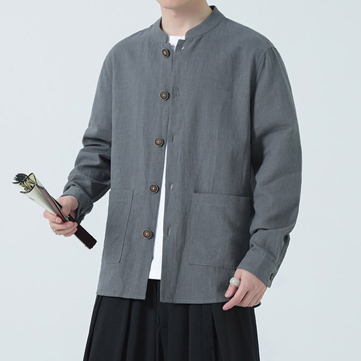 Buddha Stonesメンズ ボタン付きラミーリネンコットンフリース裏地ジャケットシャツ ポケット付き - image 17