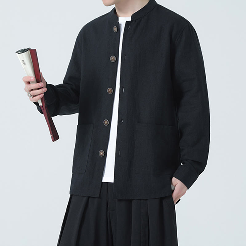 Buddha Stonesメンズ ボタン付きラミーリネンコットンフリース裏地ジャケットシャツ ポケット付き - image 20