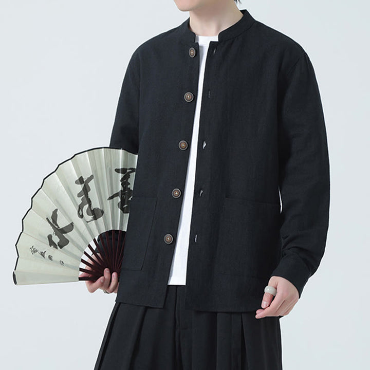 Buddha Stonesメンズ ボタン付きラミーリネンコットンフリース裏地ジャケットシャツ ポケット付き - 黒 - US/UK/AU46、 EU56 (5XL) - image 19
