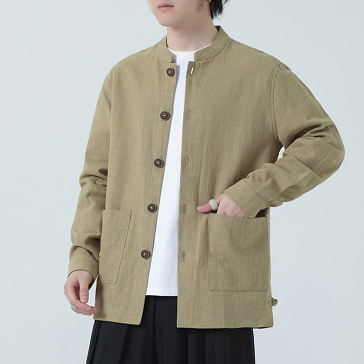 Buddha Stonesメンズ ボタン付きラミーリネンコットンフリース裏地ジャケットシャツ ポケット付き - image 32