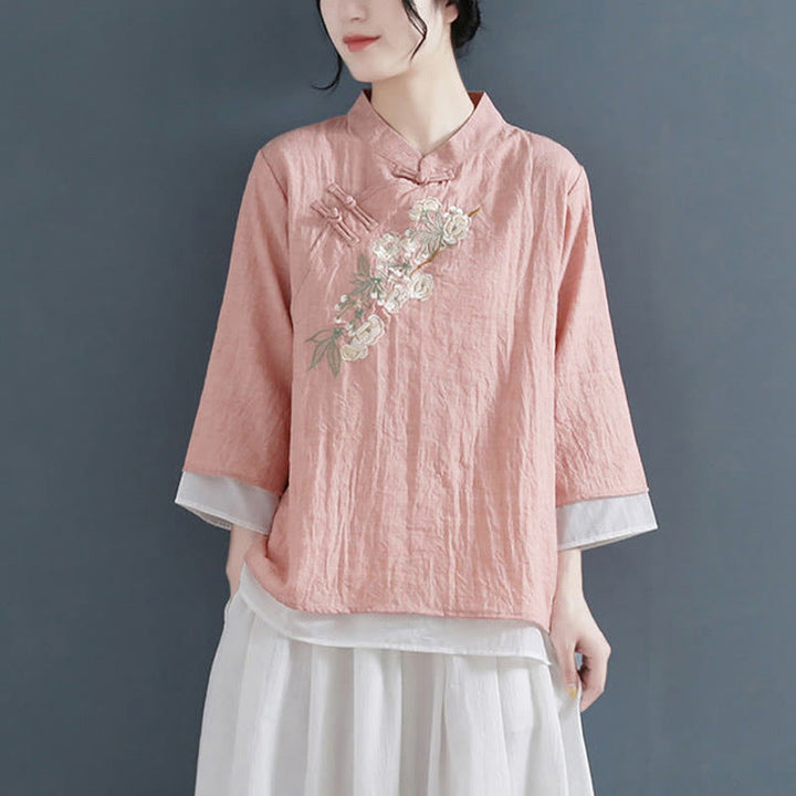 Buddha Stonesの花の刺繍入り七分袖フロッグボタンマンダリンカラーコットンリネンレディースシャツ - ライトコーラル - US12、 UK/AU16、 EU44 (3XL) - image 0