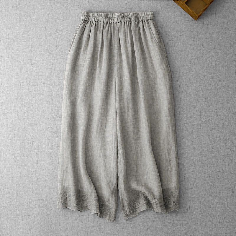 Buddha Stones通勤用 無地 レース刺繍デザイン コットン レディース ワイドレッグ クロップドパンツ ポケット付き