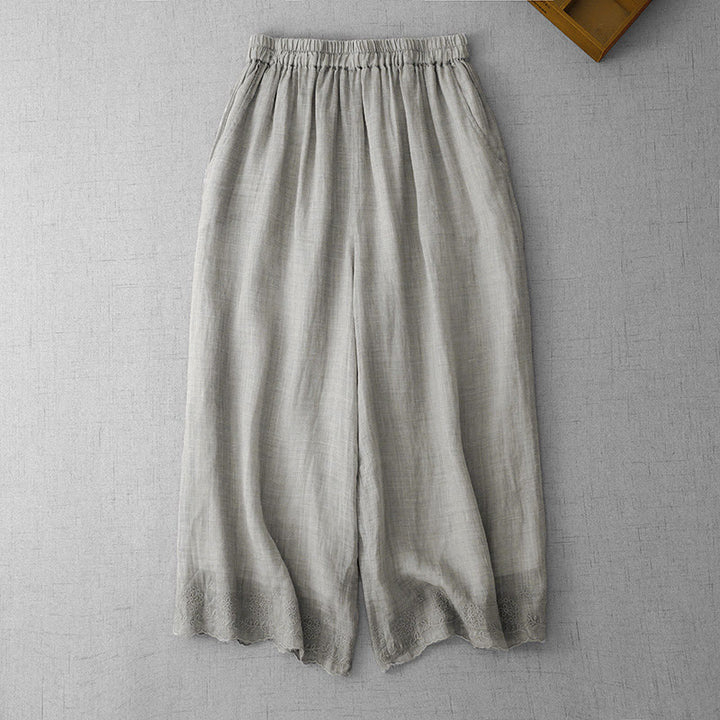 Buddha Stones通勤用 無地 レース刺繍デザイン コットン レディース ワイドレッグ クロップドパンツ ポケット付き