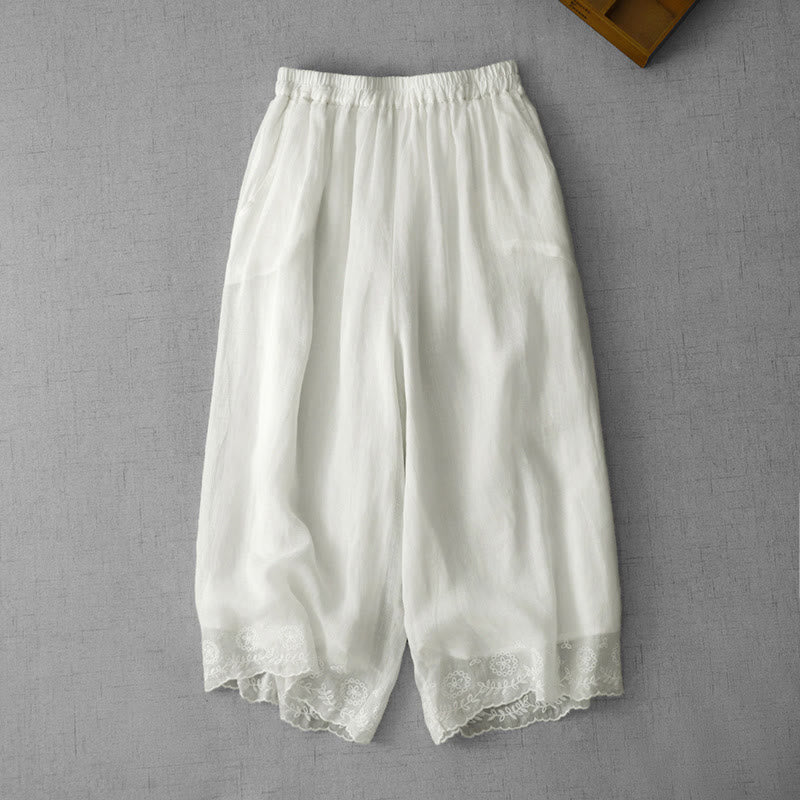 Buddha Stones通勤用 無地 レース刺繍デザイン コットン レディース ワイドレッグ クロップドパンツ ポケット付き - 白 - US8-10，UK/AU12-14，EU40-42 (2XL) - image 0