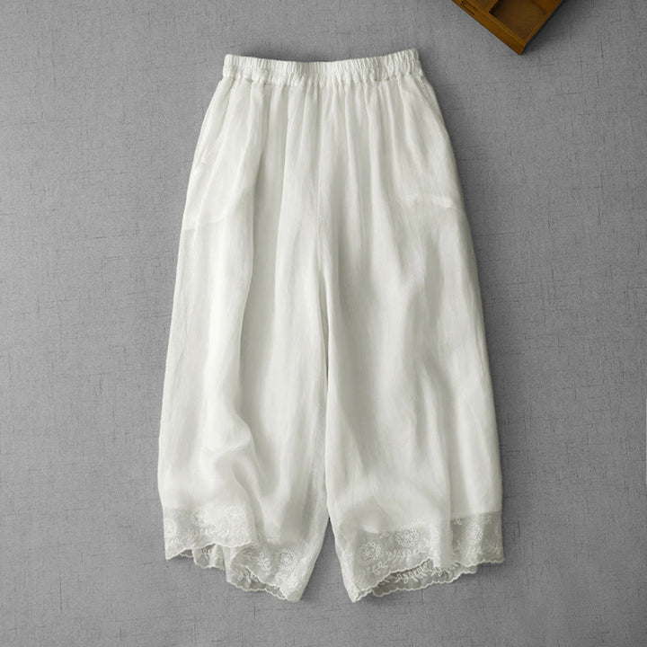 Buddha Stones通勤用 無地 レース刺繍デザイン コットン レディース ワイドレッグ クロップドパンツ ポケット付き - 白 - US8-10，UK/AU12-14，EU40-42 (2XL) - image 0