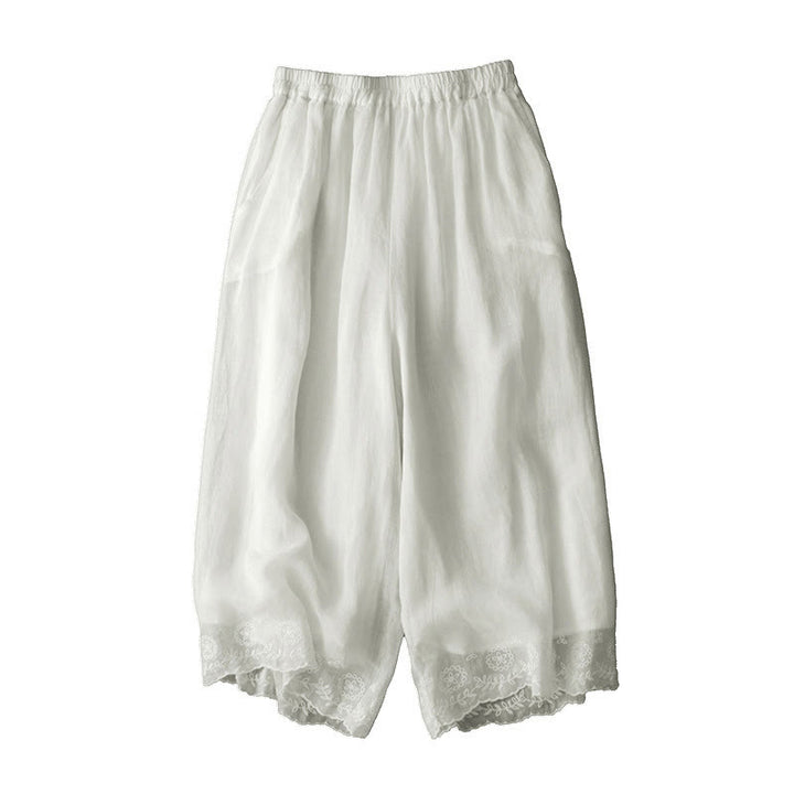 Buddha Stones通勤用 無地 レース刺繍デザイン コットン レディース ワイドレッグ クロップドパンツ ポケット付き - image 7