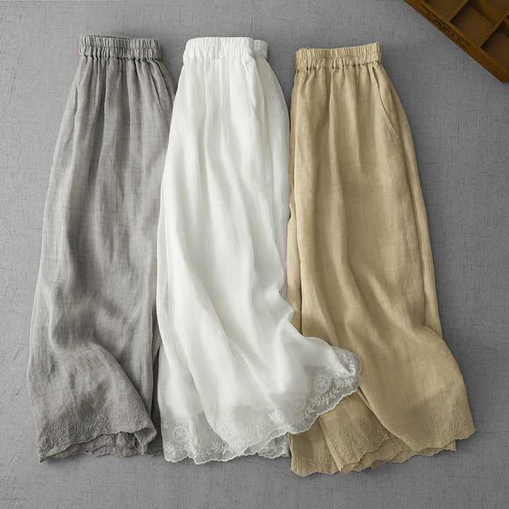 Buddha Stones通勤用 無地 レース刺繍デザイン コットン レディース ワイドレッグ クロップドパンツ ポケット付き