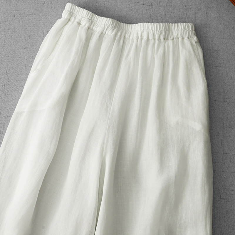 Buddha Stones通勤用 無地 レース刺繍デザイン コットン レディース ワイドレッグ クロップドパンツ ポケット付き - image 1