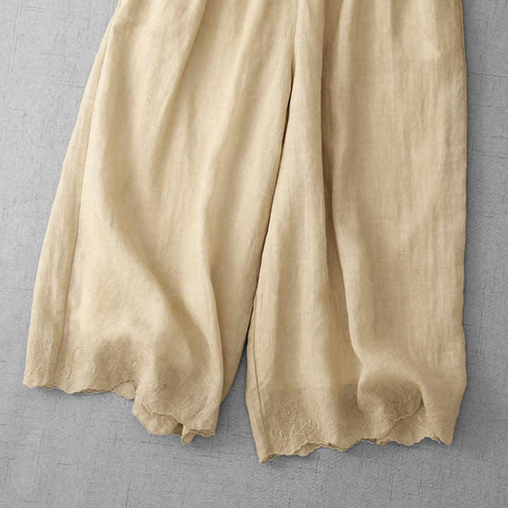 Buddha Stones通勤用 無地 レース刺繍デザイン コットン レディース ワイドレッグ クロップドパンツ ポケット付き