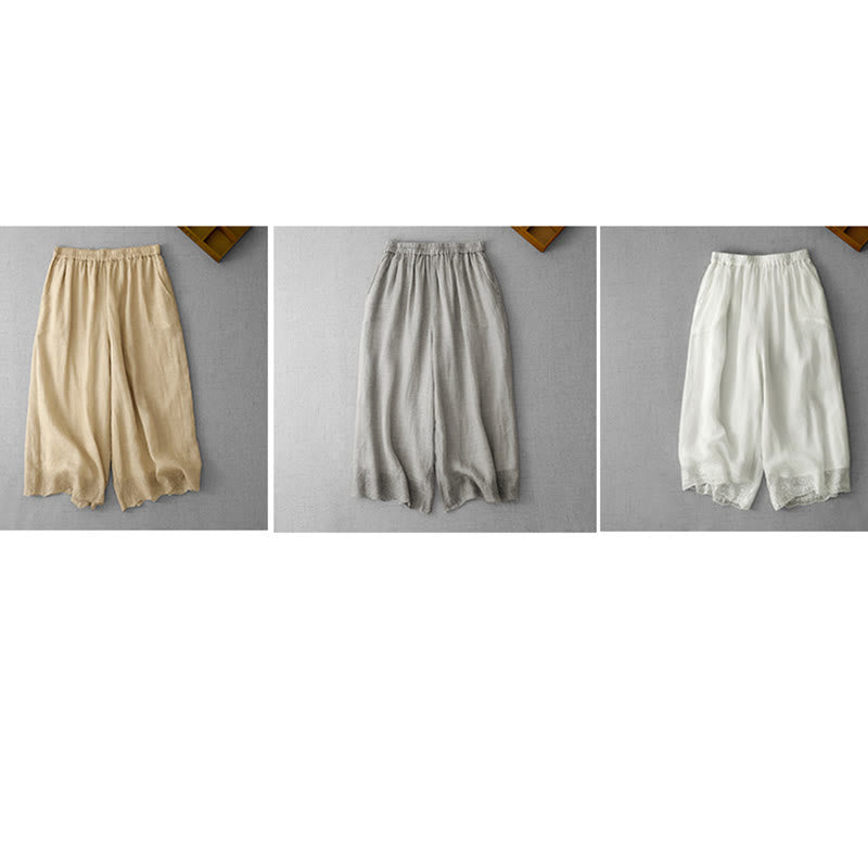 Buddha Stones通勤用 無地 レース刺繍デザイン コットン レディース ワイドレッグ クロップドパンツ ポケット付き