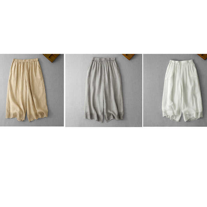 Buddha Stones通勤用 無地 レース刺繍デザイン コットン レディース ワイドレッグ クロップドパンツ ポケット付き