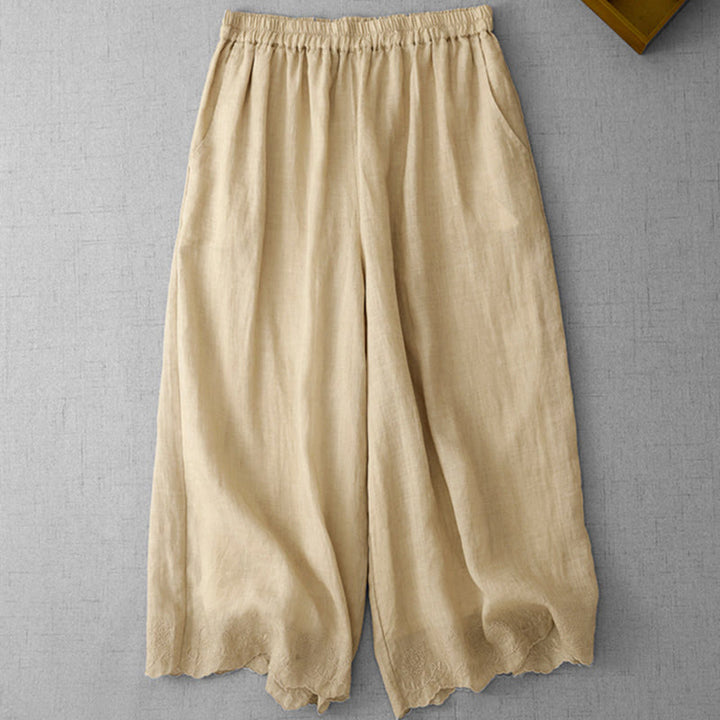 Buddha Stones通勤用 無地 レース刺繍デザイン コットン レディース ワイドレッグ クロップドパンツ ポケット付き - image 15