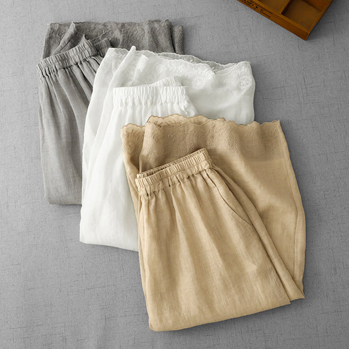 Buddha Stones通勤用 無地 レース刺繍デザイン コットン レディース ワイドレッグ クロップドパンツ ポケット付き
