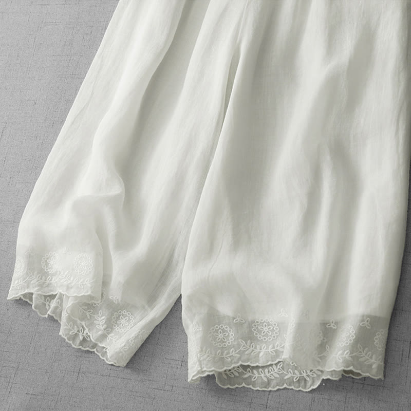 Buddha Stones通勤用 無地 レース刺繍デザイン コットン レディース ワイドレッグ クロップドパンツ ポケット付き - image 4