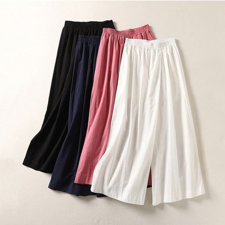 Buddha Stones通勤用 レトロ 無地 ハイウエスト レディース ワイドレッグ 7-8丈 コットンリネン パンツ ポケット付き