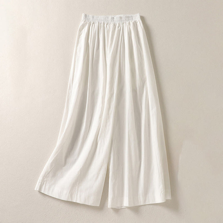 Buddha Stones通勤用 レトロ 無地 ハイウエスト レディース ワイドレッグ 7-8丈 コットンリネン パンツ ポケット付き