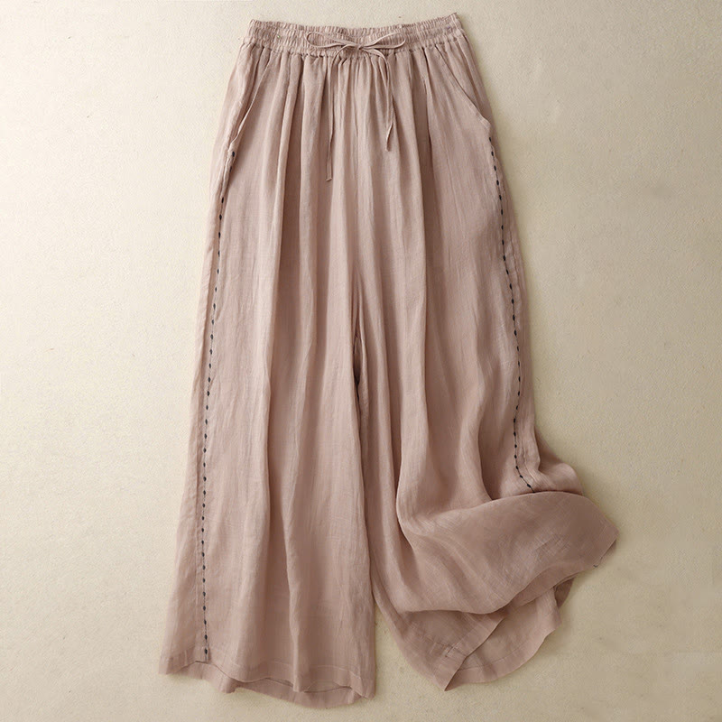 Buddha Stones通勤用 無地 刺繍 ドローストリング レディース ワイドレッグ アンクル丈 コットンパンツ ポケット付き - ダークサーモン - US8-10，UK/AU12-14，EU40-42 (2XL) - image 12