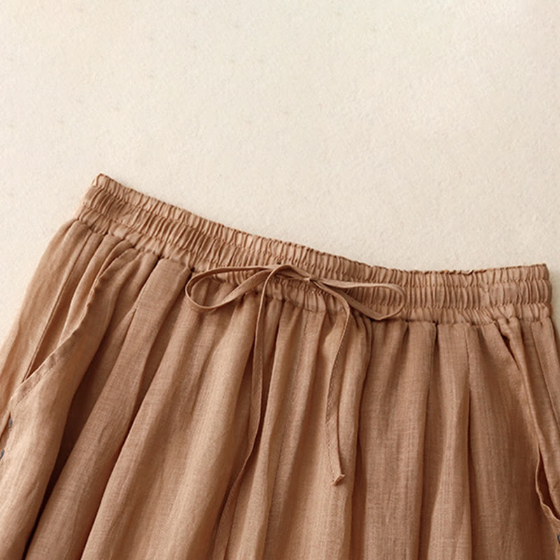 Buddha Stones通勤用 無地 刺繍 ドローストリング レディース ワイドレッグ アンクル丈 コットンパンツ ポケット付き - image 21