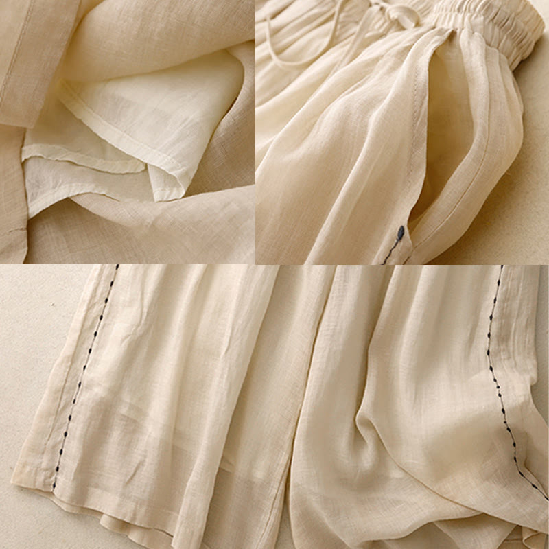 Buddha Stones通勤用 無地 刺繍 ドローストリング レディース ワイドレッグ アンクル丈 コットンパンツ ポケット付き - image 7