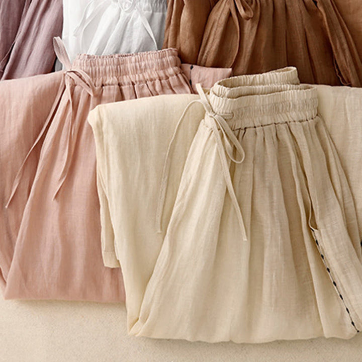 Buddha Stones通勤用 無地 刺繍 ドローストリング レディース ワイドレッグ アンクル丈 コットンパンツ ポケット付き - image 24