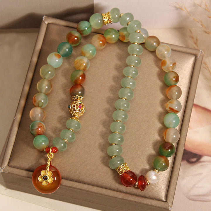 Buddha Stones天然カラフル孔雀瑪瑙フラワーピースバックルパール二重層サポートブレスレット