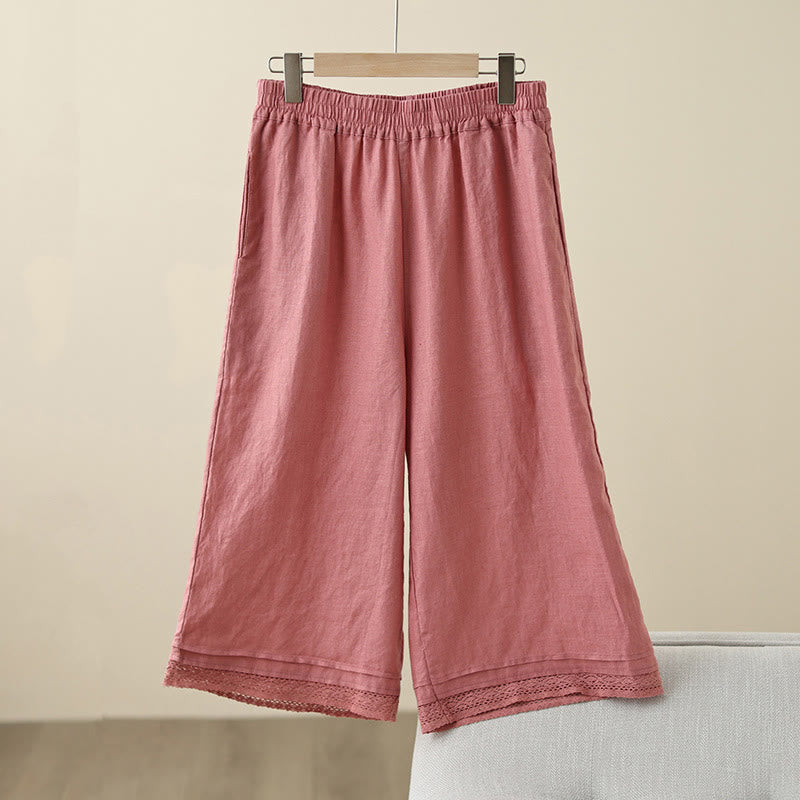 Buddha Stones通勤用 レトロ 無地 レース パッチワークデザイン 7-8丈 レディース ワイドレッグ コットンパンツ ポケット付き - ライトコーラル - US8-10，UK/AU12-14，EU40-42 (2XL) - image 10