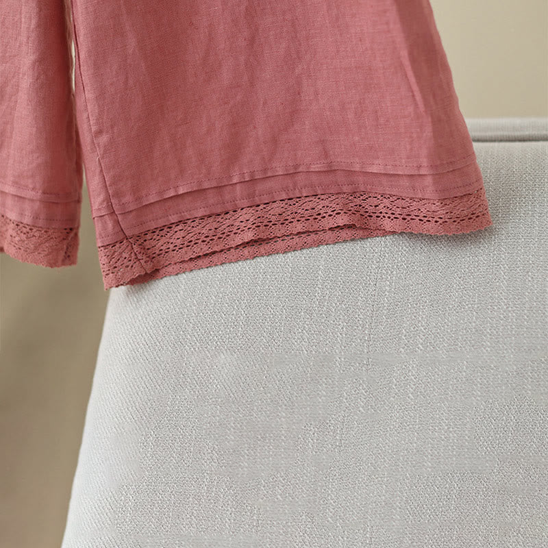 Buddha Stones通勤用 レトロ 無地 レース パッチワークデザイン 7-8丈 レディース ワイドレッグ コットンパンツ ポケット付き - image 13