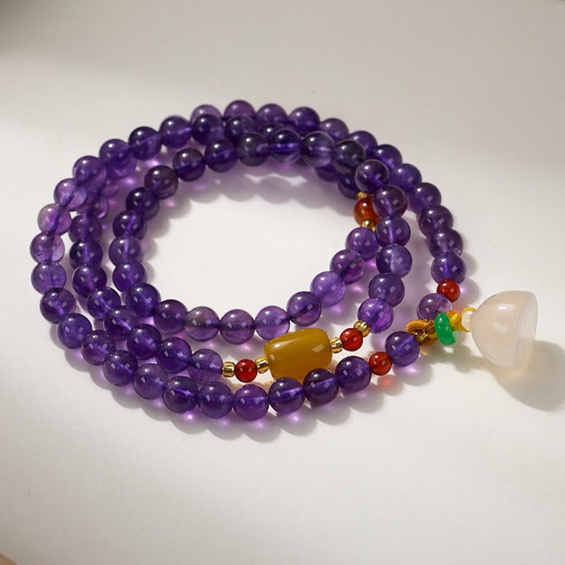 Buddha Stones天然アメジストビーズ コインハンギングひょうたん カルセドニー 蓮の花 バランス 多層ブレスレット