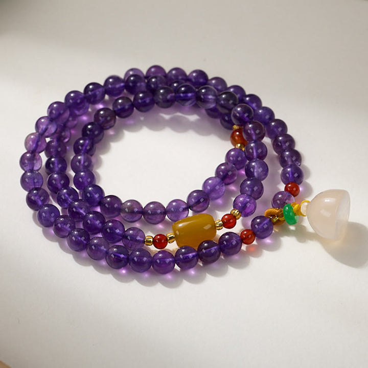 Buddha Stones天然アメジストビーズ コインハンギングひょうたん カルセドニー 蓮の花 バランス 多層ブレスレット