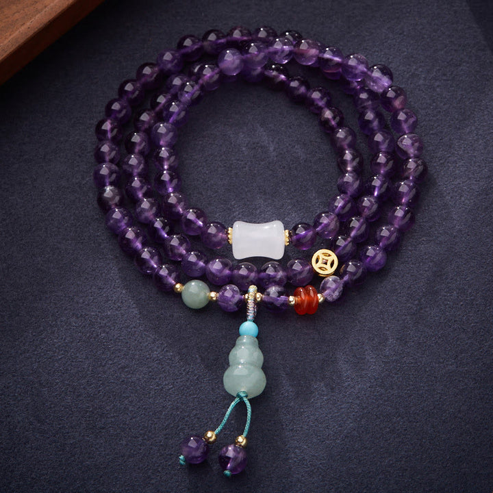 Buddha Stones天然アメジストビーズ コインハンギングひょうたん カルセドニー 蓮の花 バランス 多層ブレスレット