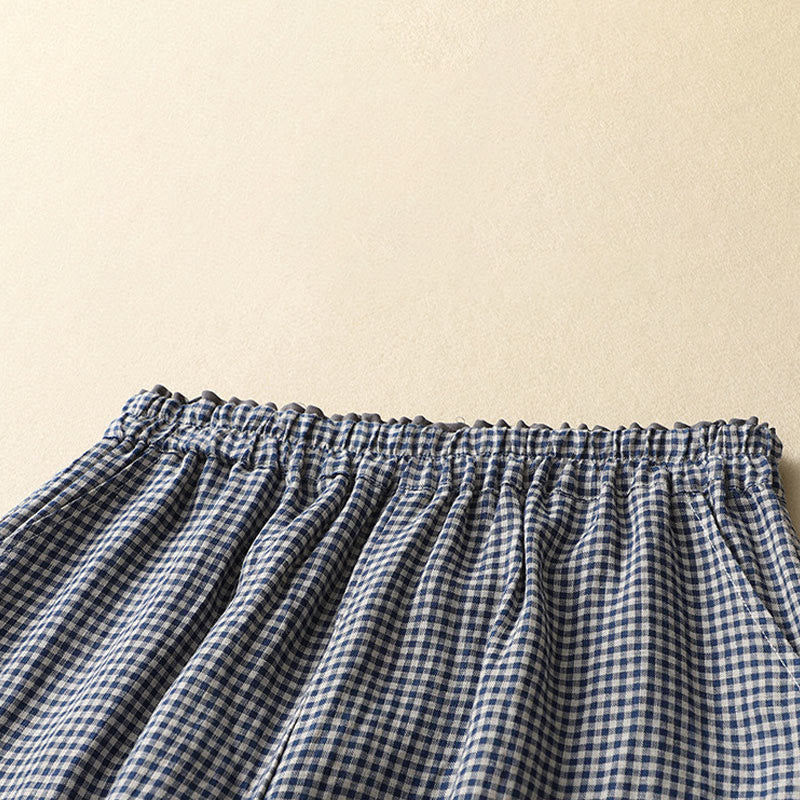 Buddha Stones通勤カジュアル チェック柄 7-8丈 レディース ワイドレッグ コットンリネン パンツ ポケット付き - image 2