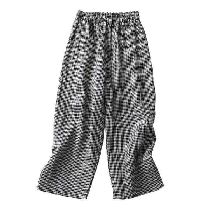 Buddha Stones通勤カジュアル チェック柄 7-8丈 レディース ワイドレッグ コットンリネン パンツ ポケット付き - image 15