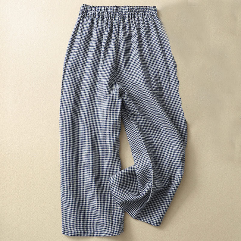 Buddha Stones通勤カジュアル チェック柄 7-8丈 レディース ワイドレッグ コットンリネン パンツ ポケット付き - 海軍 - US8-10，UK/AU12-14，EU40-42 (2XL) - image 0