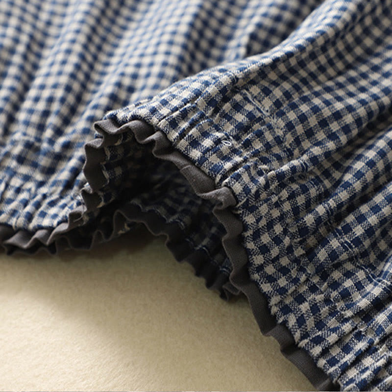 Buddha Stones通勤カジュアル チェック柄 7-8丈 レディース ワイドレッグ コットンリネン パンツ ポケット付き - image 3