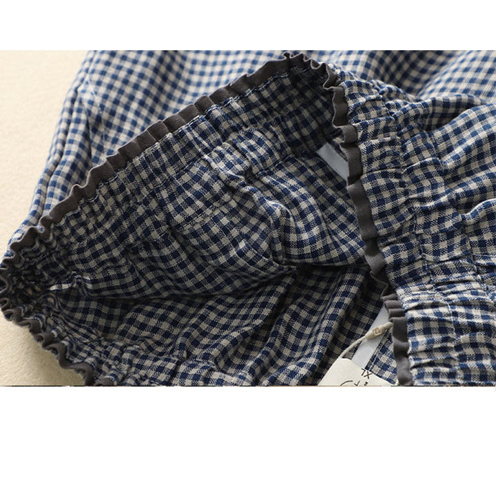 Buddha Stones通勤カジュアル チェック柄 7-8丈 レディース ワイドレッグ コットンリネン パンツ ポケット付き - image 8