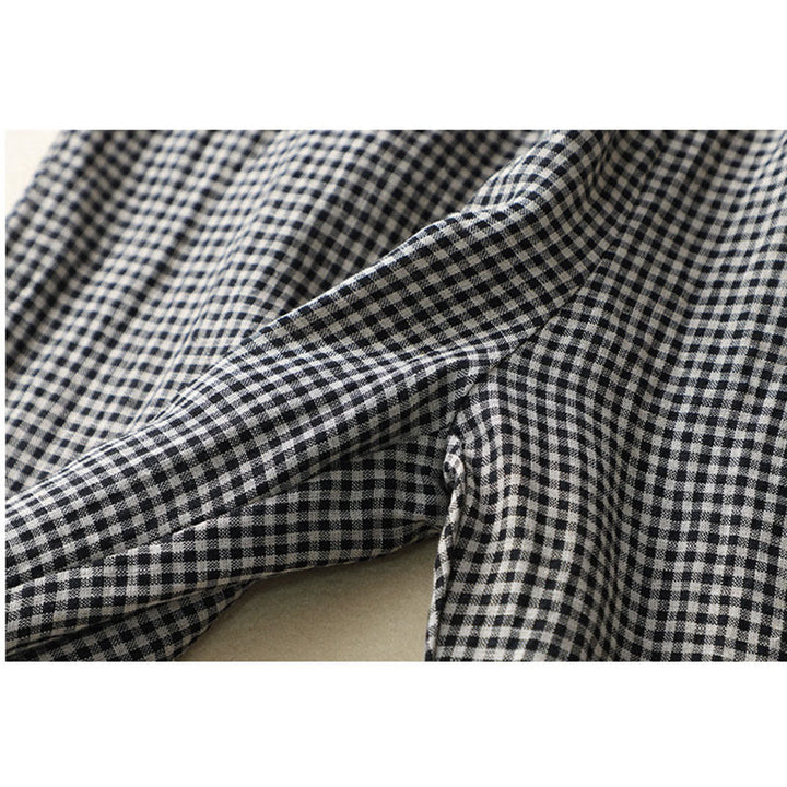 Buddha Stones通勤カジュアル チェック柄 7-8丈 レディース ワイドレッグ コットンリネン パンツ ポケット付き - image 14