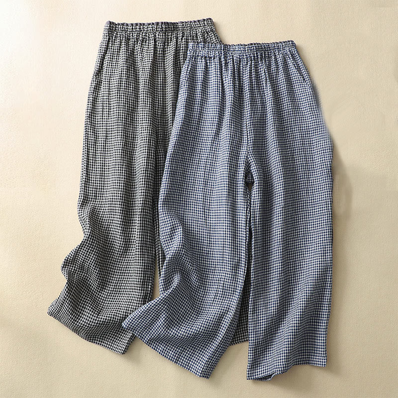 Buddha Stones通勤カジュアル チェック柄 7-8丈 レディース ワイドレッグ コットンリネン パンツ ポケット付き - image 16