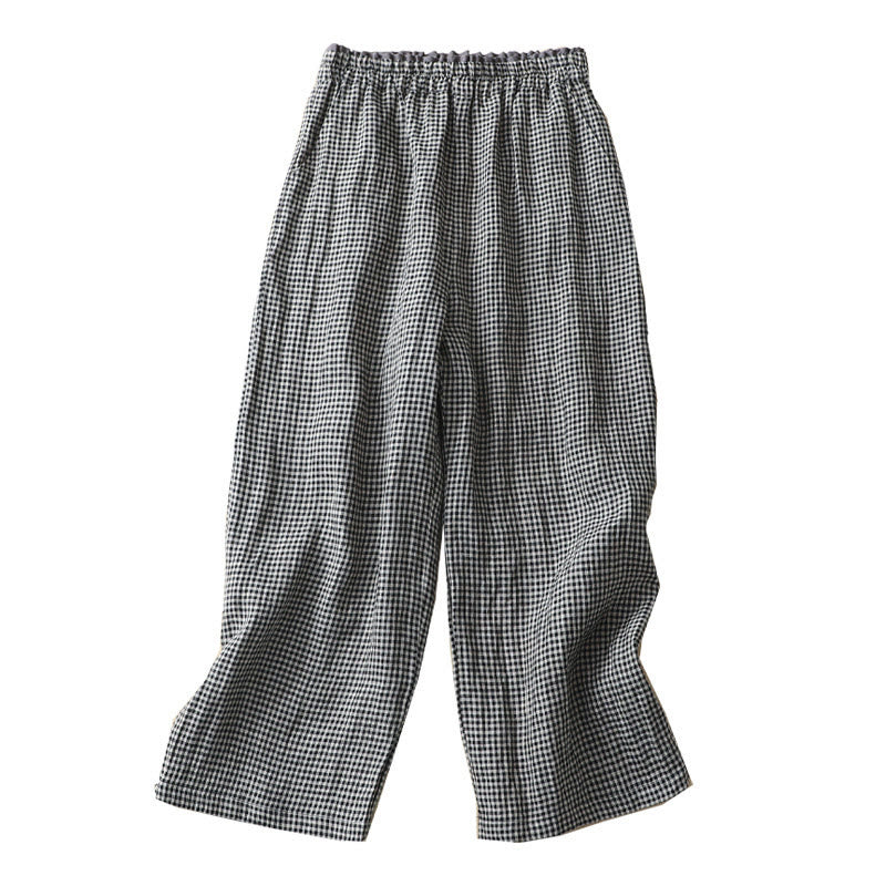 Buddha Stones通勤カジュアル チェック柄 7-8丈 レディース ワイドレッグ コットンリネン パンツ ポケット付き - image 15