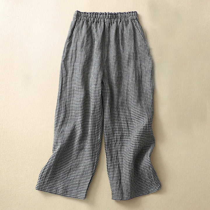 Buddha Stones通勤カジュアル チェック柄 7-8丈 レディース ワイドレッグ コットンリネン パンツ ポケット付き - 黒 - US8-10，UK/AU12-14，EU40-42 (2XL) - image 9