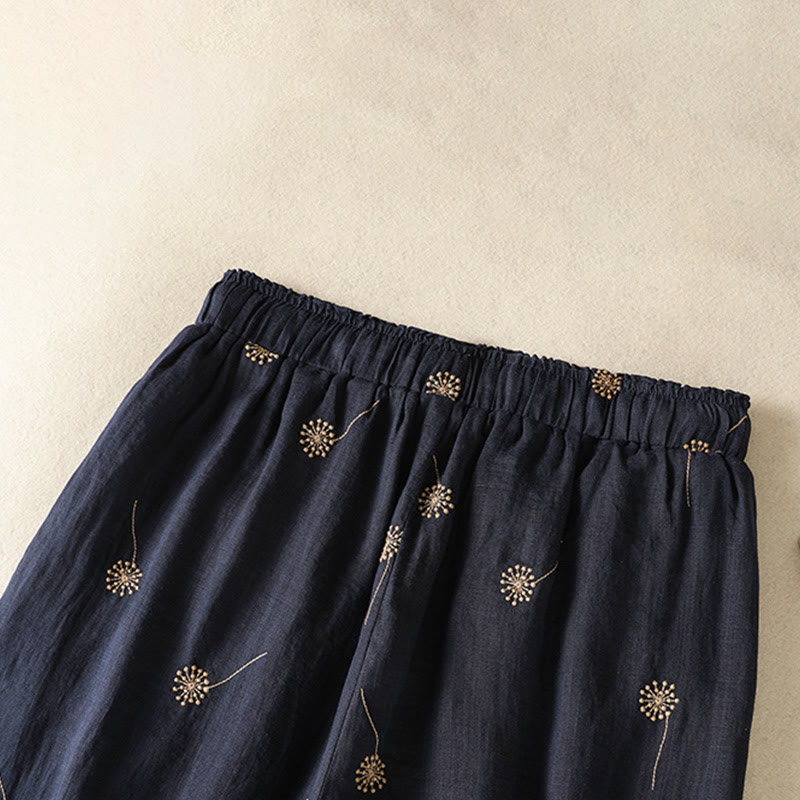 Buddha Stonesミッドナイトブルー 通勤カジュアル タンポポ柄 レディース ワイドレッグ コットンリネンパンツ - image 5