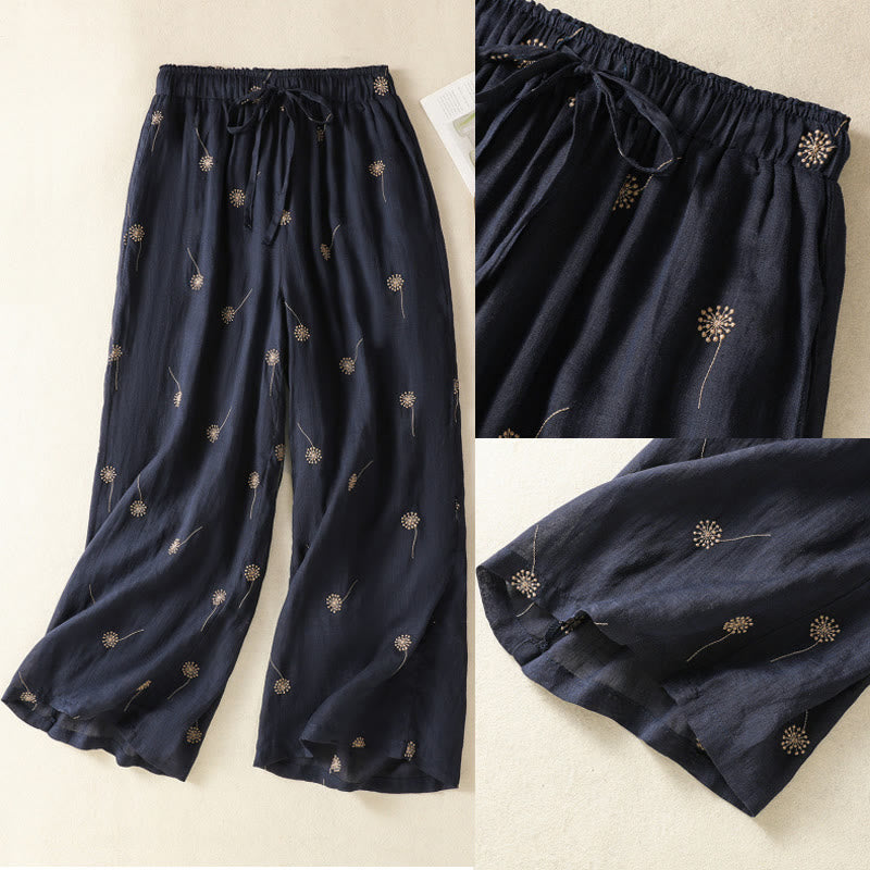 Buddha Stonesミッドナイトブルー 通勤カジュアル タンポポ柄 レディース ワイドレッグ コットンリネンパンツ - image 10