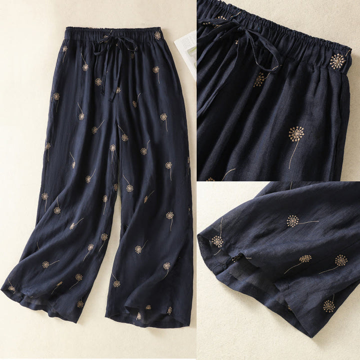 Buddha Stonesミッドナイトブルー 通勤カジュアル タンポポ柄 レディース ワイドレッグ コットンリネンパンツ - image 10