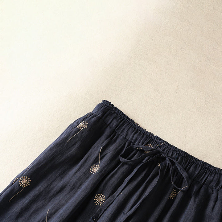 Buddha Stonesミッドナイトブルー 通勤カジュアル タンポポ柄 レディース ワイドレッグ コットンリネンパンツ - image 3