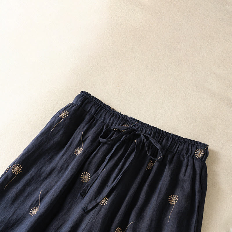 Buddha Stonesミッドナイトブルー 通勤カジュアル タンポポ柄 レディース ワイドレッグ コットンリネンパンツ - image 4
