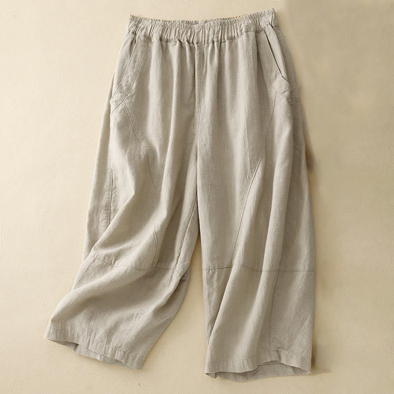 Buddha Stones通勤カジュアル ピュアカラー レディース ワイドレッグ コットン クロップドパンツ ポケット付き - リネン - US8-10，UK/AU12-14，EU40-42 (2XL) - image 0
